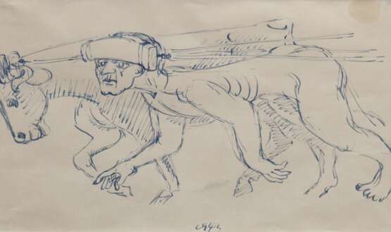 Scheele, Kurt (1905 Frankfurt/ Main-1944 Smolensk) "Karikatur", Tuschezeichnung, rückseitig Nachlaßstempel, 19,5x28 cm, im Passepartout hinter Glas und Rahmen - Foto 1