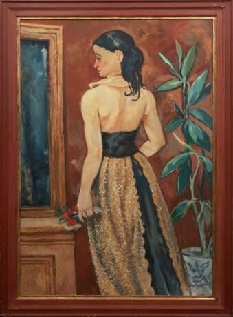 Schubert, Otto (1892 Dresden- 1970 Dresden) "Elegante junge Dame mit Blumenstrauß in einem Interieur", Öl/ Lw., sign. u.r., 110x75,5 cm, Rahmen - Foto 1