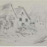 Stocks, Minna (1846 Schwerin-1928 Hinzenhagen b. Lalendorf, Mecklenburg) "Häuser am Hohlweg", Bleistiftzeichnung, rücks. Nachlaßstempel, 17x28 cm, hinter Glas im Rahmen (Deutsche Landschafts- und Tiermalerin, S… - Foto 1