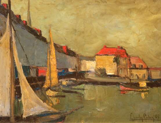 Maler 20. Jh. "Kleiner Bootshafen", Öl/ Lw., undeutl. sign. u.r. und dat. ´65, 54x65 cm, Rahmen - Foto 1