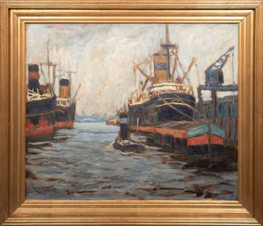 Siebert, Fritz Anton (1878 Gartz/ Oder-1944 Berlin) "Hamburger Hafen-Sandtorkai", Öl/ Pappe, sign. u.l., 61x69,5 cm, Rahmen (Deutscher Landschafts- und Marinemaler, Studium an der Berliner Kunstakademie) - фото 1