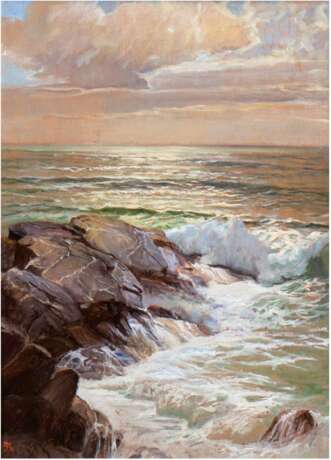 Monogrammist "AS" um 1900 "Brandung im Abendlicht", Öl/SH, monogrammiert u.l., 68x48 cm, Rahmen - photo 1