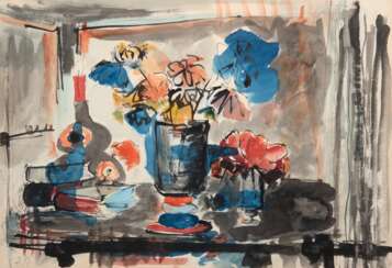 Monogrammist &quot;Stilleben mit Blumen, Büchern und Kerze auf dem Tisch&quot;, Aquarell, monogr. &quot;FS&quot; und dat. Sept. ´69, 42x57,5 cm, im Passepartout hinter Glas und Rahmen