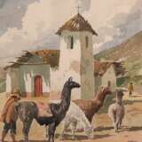 Guzman, Manuel Morales (1914-1981) "Alpakas mit Bauern vor der Kirche", Aquarell, sign. u.r., 36,5x27,5 cm, im Passepartout hinter Glas und Ramen - фото 1