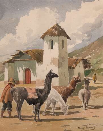 Guzman, Manuel Morales (1914-1981) "Alpakas mit Bauern vor der Kirche", Aquarell, sign. u.r., 36,5x27,5 cm, im Passepartout hinter Glas und Ramen - фото 1