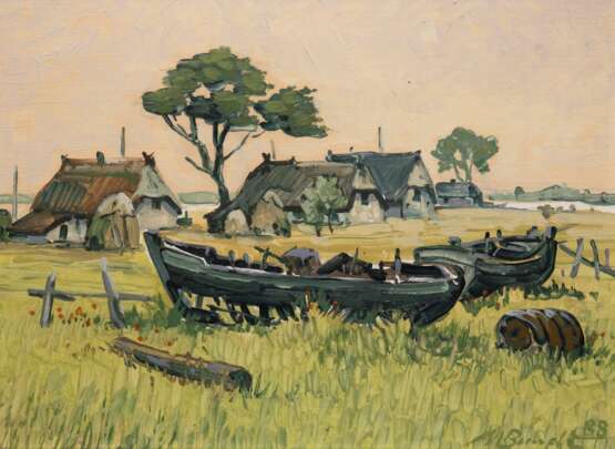 Berndt, M."Fischerdorf und Boote an Land", Öl/ Hartfaser, sign. u.r. und dat. ´88, 30x40,5 cm, Rahmen - photo 1