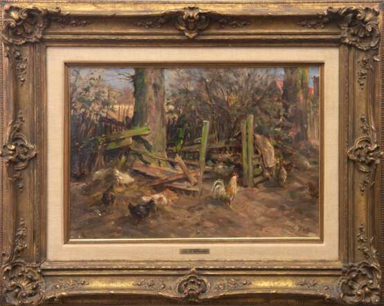 Wolf, Georg (1882 Düsseldorf- 1962 Uelzen) "Auf dem Hühnerhof", sign., u.r.36x55 cm, Rahmen (Studium in Straßburg, München und Düsseldorf (J.P. Junghammer), deutscher Tier- und Landschaftsmaler der Düsseldorfer… - photo 1