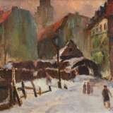 "Stadt im Schnee", Öl/ Mp., unsign., rückseitig auf Mp bez. "O. Müller", 29x35 cm, Rahmen - Foto 1