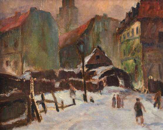 "Stadt im Schnee", Öl/ Mp., unsign., rückseitig auf Mp bez. "O. Müller", 29x35 cm, Rahmen - Foto 1