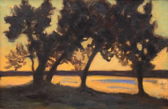 Georgi, Walter (1871 Leipzig-1924 Holzhausen am Ammersee) "Landschaft im Sonnenuntergang", Öl/Lw., sign. u.r., 40,5x60 cm Rahmen (Mitglied der Künstlergruppe "Die Scholle“ und als Grafiker für die Zeitschr… - фото 1