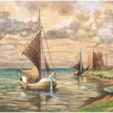 Goock, F. "Hallig mit Booten", Gouache, sign. u.r. und dat. 1943, 26x40,5 cm, im Passepartout hinter Glas und Rahmen - фото 1