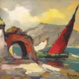 "Südländische Küstenlandschaft mit Segelbooten", 1950er Jahre, Öl/Lw., unleserl. signiert u.r., 36x69 cm, Rahmen - фото 1
