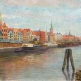 "Altstadtansicht mit Anleger", Öl/ Lw., unsign., 60x73 cm, Rahmen - photo 1