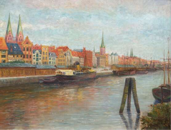 "Altstadtansicht mit Anleger", Öl/ Lw., unsign., 60x73 cm, Rahmen - photo 1