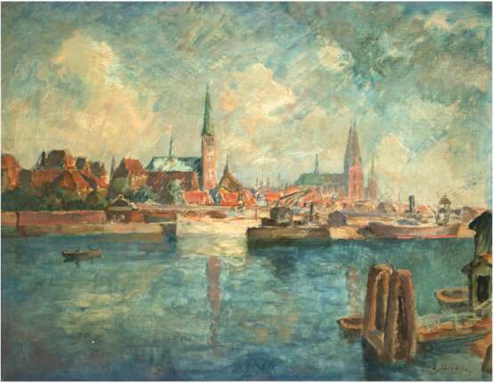Schodde, Wilhelm (1883 Hamburg-Altona-1951 Lübeck) "Hafen von Lübeck", Öl/SH,, sign. u.r., 62x76,5 cm, Rahmen - photo 1
