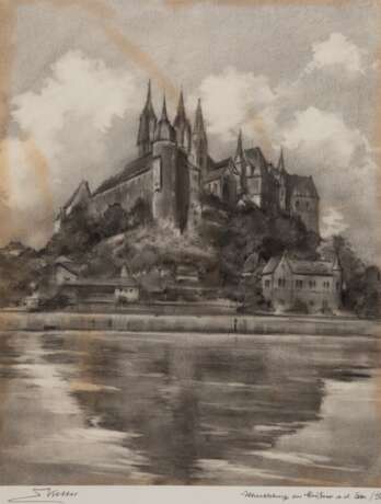 Keller, E. "Albrechtsburg zu Meißen an der Elbe", Zeichnung, sign. u.l. und bez. u.r., Blatt fleckig, 43x31,5 cm, hinter Glas und Rahmen - photo 1