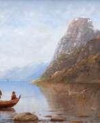 Aquarelle. Fuchs, Therese (1849 Düsseldorf -1910 ebenda) &quot;Fjordlandschaft mit Booten und Anglern&quot;, Öl/ Holz, sign. u.r., 30,5x48 cm, Rahmen