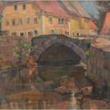 Wallat, Paul (1879 Rostock-1964 Sonderborg, Dänemark) "Stadtansicht", Öl/Karton, sign. u.l. und bez. "restaur. K.Reine 1958", 54x67 cm, Rahmen (Besuch der Hamburger Kunstgewerbeschule und Studium an d… - Foto 1