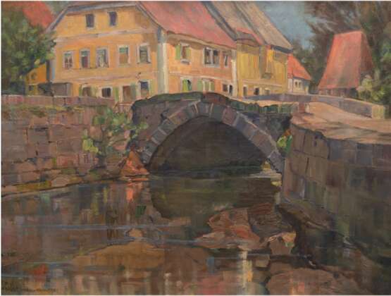 Wallat, Paul (1879 Rostock-1964 Sonderborg, Dänemark) "Stadtansicht", Öl/Karton, sign. u.l. und bez. "restaur. K.Reine 1958", 54x67 cm, Rahmen (Besuch der Hamburger Kunstgewerbeschule und Studium an d… - Foto 1