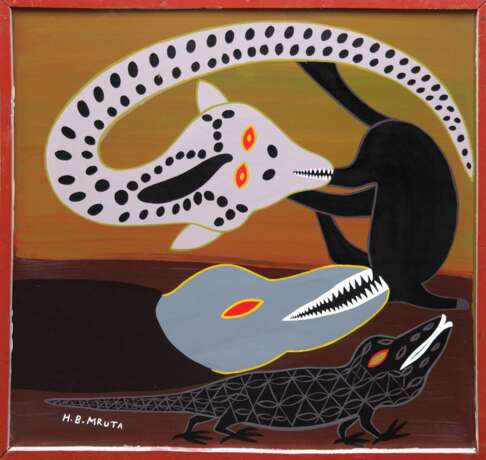 Mruta, Hashim Bushier (1942-1998) "Motiv mit Tieren", Öl/ Platte, sign., Prov.: aus einer Norddeutschen Sammlung, 58x58 cm, Rahmen - photo 1