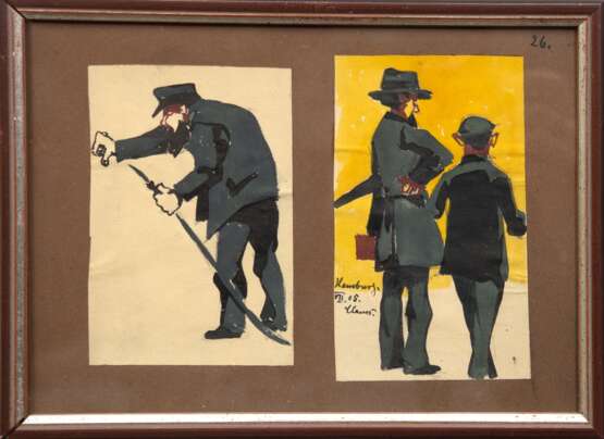 Karikaturen "Zwei Herren" und "Mann in Uniform", Aquarell, bez. "Hamburg VII. 05 Claus", je 14x8,5 cm, hinter Glas und Rahmen - photo 1