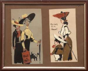 Karikaturen &quot;Zwei Damen mit Hund&quot; und &quot;Frau mit Kind&quot;, Aquarell, bez. &quot;Hamburg VII.05 Claus&quot;, 14,5x7 cm, hinter glas und Rahmen