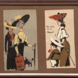Karikaturen "Zwei Damen mit Hund" und "Frau mit Kind", Aquarell, bez. "Hamburg VII.05 Claus", 14,5x7 cm, hinter glas und Rahmen - Foto 1