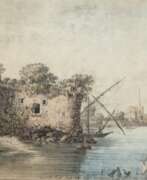 Buch- und Zeitschriftengrafiken. Hackert, Carl Ludwig (1740-1796) &quot;Á Evian- Wäscherinnen am Fluß vor Burgruine&quot;, kolorierte Radierung, in der Platte signiert und datiert 1781 u.m., 20x29 cm, hinter Glas im Passepartout und Rahmen