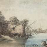 Hackert, Carl Ludwig (1740-1796) "Á Evian- Wäscherinnen am Fluß vor Burgruine", kolorierte Radierung, in der Platte signiert und datiert 1781 u.m., 20x29 cm, hinter Glas im Passepartout und Rahmen - photo 1