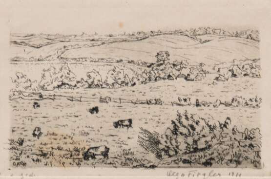 "Holsteinische Landschaft II", Radierung, undeutl. sign. u.r. und dat. 1911, min. stockfleckig, 10x14,5 cm, im Passepartout - photo 1