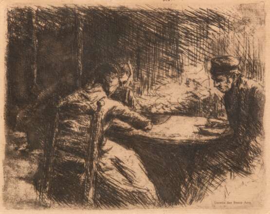 Liebermann, Max (1847-1935 Berlin) "Das Mittagessen", Radierung, bez. u.r. "Gazette des Beaux-Arts", 13x16 cm, im Passepartout (fleckig) hinter Glas und Rahmen - photo 1