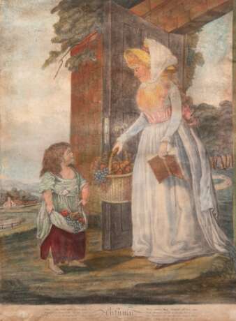 "Mutter mit Kind mit Früchten an einem Hoftor", Grafik, unten mittig bez., Blatt mit Altersspuren, 35x25 cm, im Passepartout hinter Glas und Rahmen - photo 1
