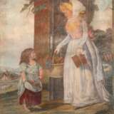 "Mutter mit Kind mit Früchten an einem Hoftor", Grafik, unten mittig bez., Blatt mit Altersspuren, 35x25 cm, im Passepartout hinter Glas und Rahmen - photo 1