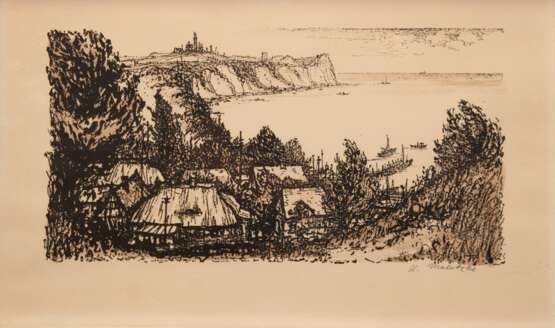 Maletzke, Helmut (1920 Neustettin-2017 Greifswald) "Steilküste Arkona", Litho., 29x49 cm, hinter Glas und Rahmen (Preisträger bei 10 künstlerischen Wettbewerben und anderen Ausschreibungen, er ist gewähltes Mit… - photo 1