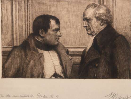 Pickardt, Ernst (1876 Berlin-1931 ebnda) "Brustbildnis von Napoleon und J. W. v.Goethe", Radierung, handsign. u.r., bez. u.l. "von der unverstählten Platte Nr. 4", 38,5x47,5 cm, hinter Glas und Rahmen… - photo 1