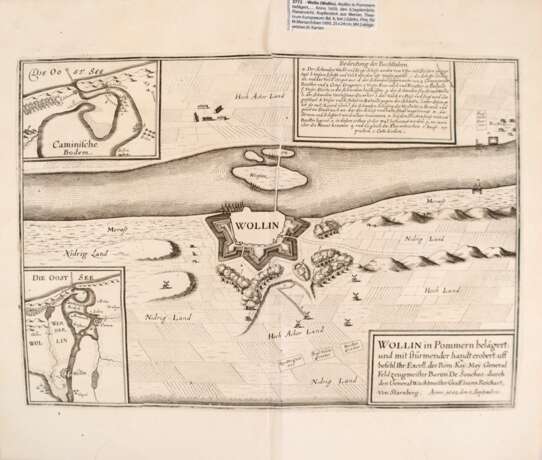 Karte "Wollin in Pommern belägert und mit stürmender handt erobert... Anno 1659", Kupferstich aus Merian Theatrum Europaeum Bd. 8, mit 2 Karten links, Blatt am oberen Rand eingerissen und Knickspuren, 25x24 cm,… - photo 1