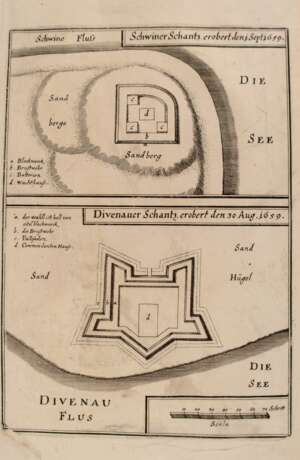 "Schwiner Schantz erobert 1. sept.1659-Divenauer Schatz erobert den 30. Aug. 1659", 2 Pläne auf einem Blatt, Kupferstich aus Merian, Theatrum Europaeum Bd. 8, Rand u.l. Ecke rep., Blatt faltig, 26x18,5 cm, unge… - фото 1