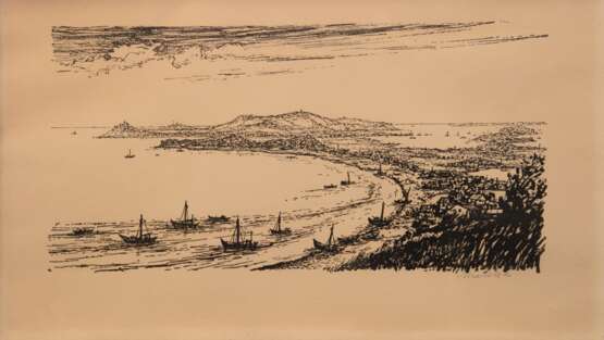 Maletzke, Helmut (1920 Neustettin-2017 Greifswald) "Küstenlandschaft mit Segelbooten", Litho., sign. u.r., 29x49 cm, hinter Glas und Rahmen (Preisträger bei 10 künstlerischen Wettbewerben und anderen Ausschreib… - photo 1