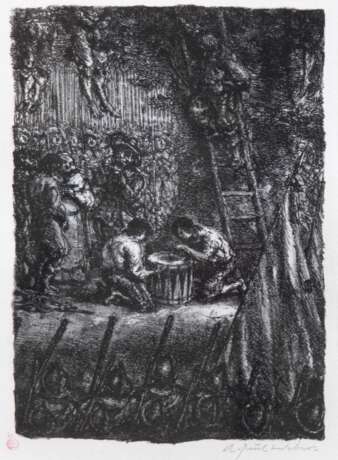 Weber, Andreas Paul (1893 Arnstadt-1980 Schretstaken bei Mölln) "Die Gehängten", Litho., sign. u.r., mit dem roten Stempel der Clan-Presse, 29x19,5 cm, im Passepartout hinter Glas und Rahmen - photo 1