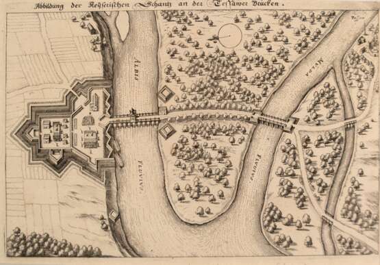 "Ansicht Elbe Plan Dessau Roßlau", Kupferstich ca. 1640, aus Merian Theatrum Europaeum, 17x24,5 cm, ungerahmt - photo 1