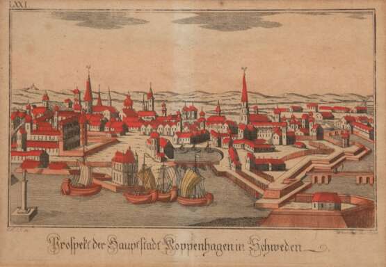 Eder, Joseph (1760-1835) "Ansicht Kopenhagen der Hauptstadt Dänemarks-fälschlicher Weise als Hauptstadt Schwedens bez.", altkolorierter Kupferstich, bez. ol. "LXXI", 17,5x24,5 cm, im Passepartout - photo 1