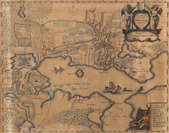 Schleswig-Karte "Grundriß der Stadt Sleswieg-Anno 1649", Kupferstich, oben rechts betitelt, unten rechts Legende, Angabe von Längen und Breitengraden, Blatt gebräunt, 24x30 cm, im Passepartout - фото 1