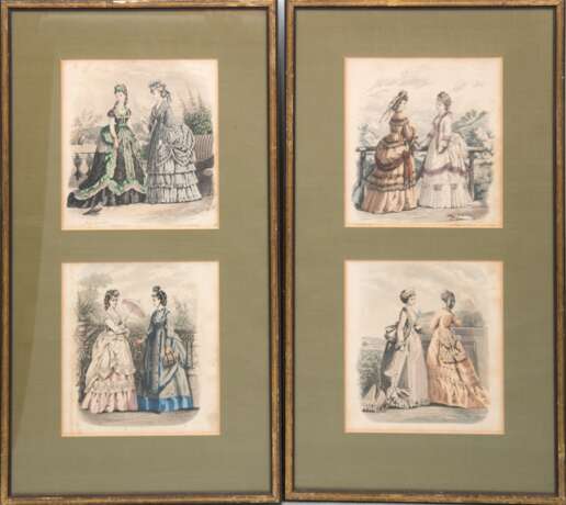 4 Modetafeln, kolorierte Litho., nach Entwürfen von Jules David und Bonnard, gedruckt von H. Lefevre, Paris, Ende 19. Jahrhundert, jeweils 23x20 cm, im Passepartout hinter Glas und Rahmen - photo 1