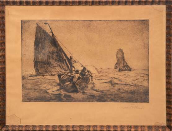 Folkerts, Poppe (1875 Norderney-1949 ebenda) "Segler auf bewegter See", Radierung, sign. u.r. und in der Platte u.l., Blatt gebräunt und an den Rändern fleckig, 25x35 cm, hinter Glas und Rahmen - photo 1