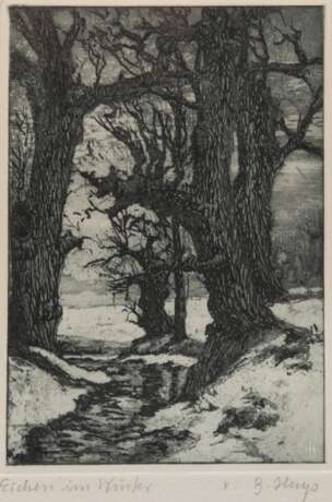 Huys, Bernhard (1896 Oesede-1973 Worpswede) "Eichen im Winter", Radierung, sign. u.r. und bez. u.l., 14x9,5 cm, hinter Glas und Rahmen - photo 1