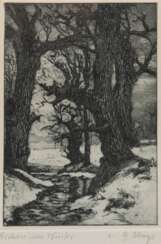 Huys, Bernhard (1896 Oesede-1973 Worpswede) &quot;Eichen im Winter&quot;, Radierung, sign. u.r. und bez. u.l., 14x9,5 cm, hinter Glas und Rahmen