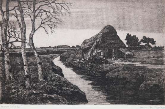 Müller, Martin Paul (1872 Landsberg-1936 Bremen) "Moorhütte", Radierung, sign. u.r., bez. u.l., 15,5x24 cm, hinter Glas und Rahmen - Foto 1