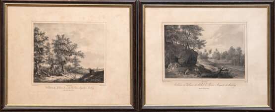 2 Stiche "Bitte um Begnadigung" und "Reiter mit Hund auf Waldweg", Stiche, unten mittig bez., an den Rändern stockfleckig, je 16x23,5 cm, hinter Glas und Rahmen - photo 1