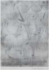 Diener, Rolf (1906 Gößnitz-1988 Hamburg) &quot;Drei Pferde und Mann&quot;, Radierung, mit Bleistift signiert u.r., 20x14,5 cm, hinter Glas im Passepartout und Rahmen (Maler und Grafiker, seit 1910 in Hamburg ansässig, LK…