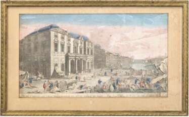 &quot;Rathaus in Marseille&quot;, col. Stich, 18. Jh., 22,5x41 cm, Gebrauchsspuren, hinter Glas im Passepartout und Rahmen